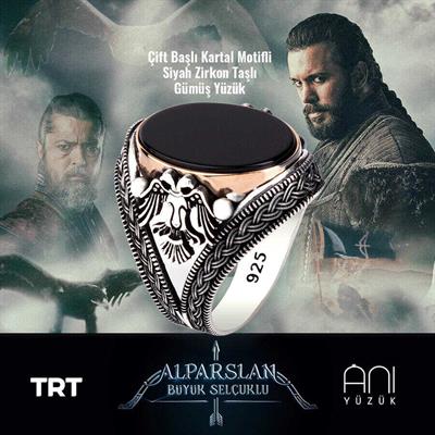 Çift Başlı Kartal Motifli Gümüş Yüzük - Zirkon Taşlı