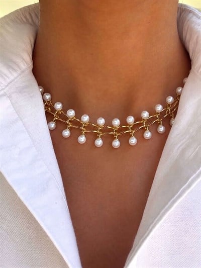 Geometrik Bağlantılı İnci Choker Kolye