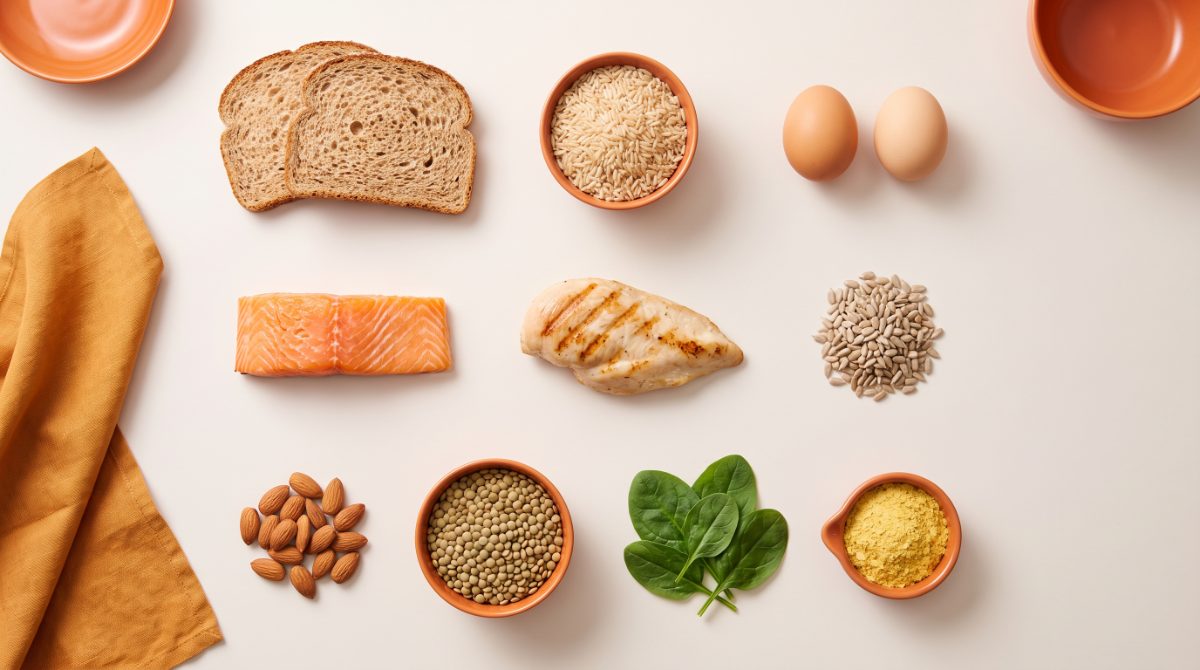 B kompleks vitamin kaynakları: tam tahıllı ekmek, esmer pirinç, yumurta, somon, tavuk, ayçekirdeği, badem ve mercimek