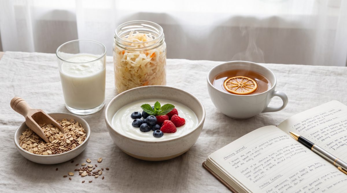 Bağırsak sağlığını destekleyen besinler: yoğurt, kefir, turşu, yulaf, keten tohumu ve bitki çayı