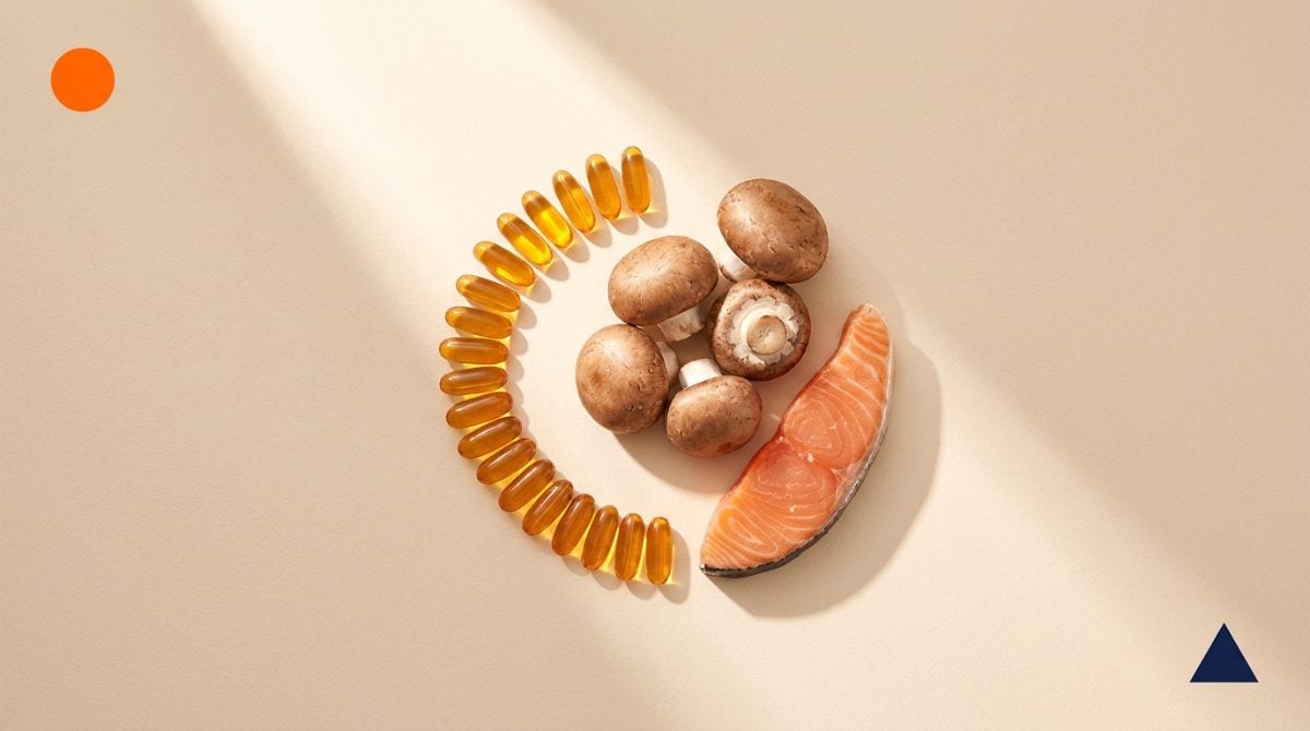 D3 vitamini kapsülleri, mantar ve somon ile sabah güneş ışığı
