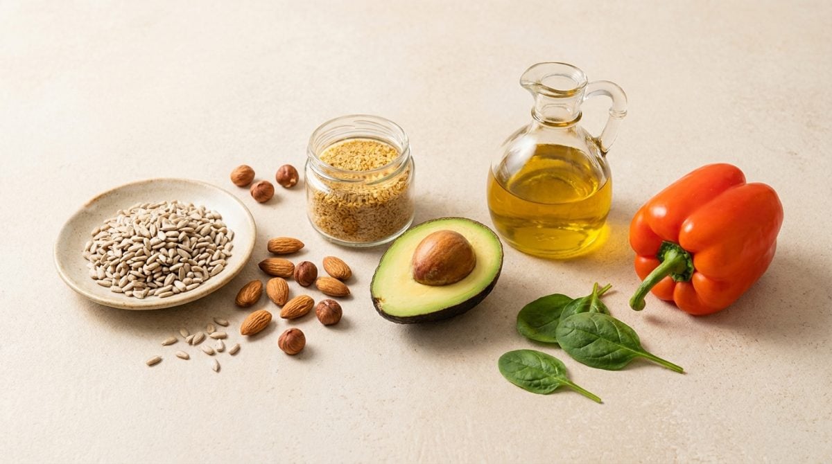 E vitamini kaynakları: ayçekirdeği, badem, fındık, buğday ruşeymi, avokado, zeytinyağı ve ıspanak