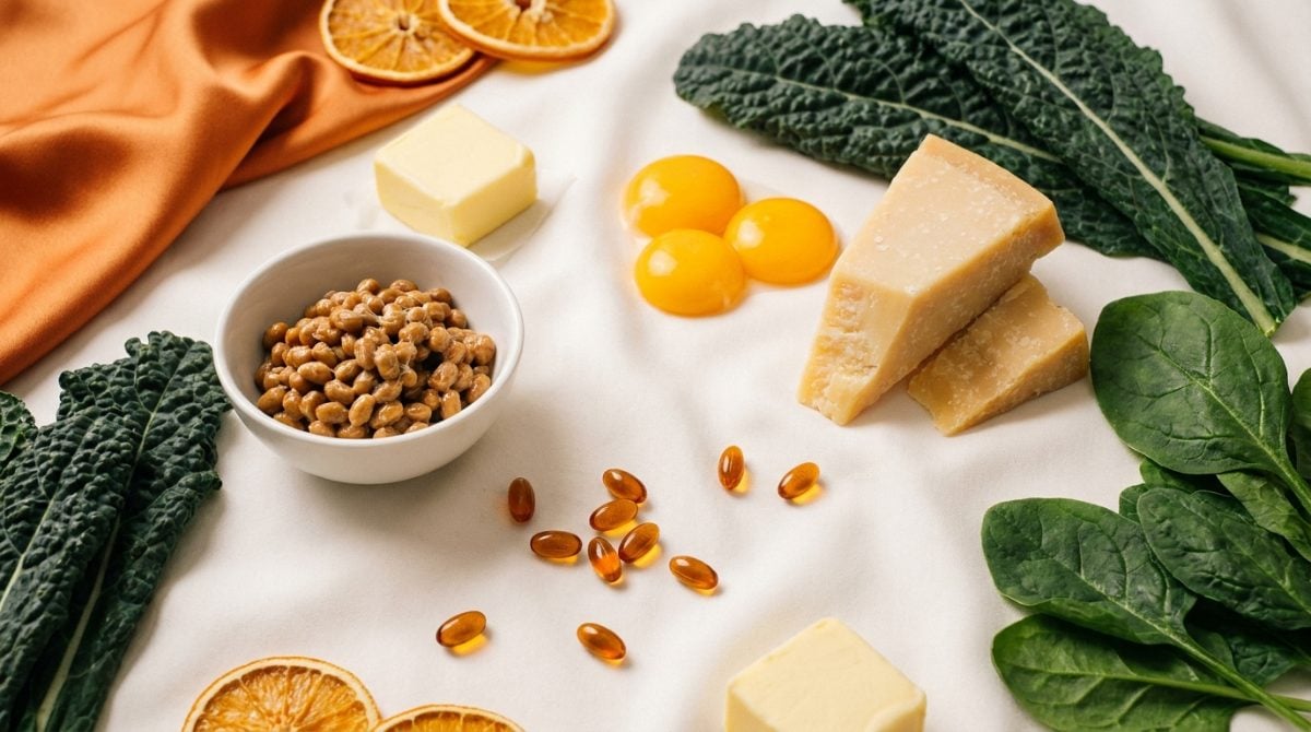 K2 vitamini kaynakları: fermente soya, olgun peynir, yumurta sarısı, tereyağı ve yeşil yapraklı sebzeler
