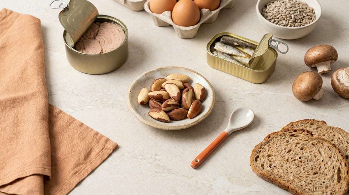 Selenyum kaynağı besinler: Brezilya cevizi, ton balığı, sardalya, yumurta, ayçekirdeği ve mantar