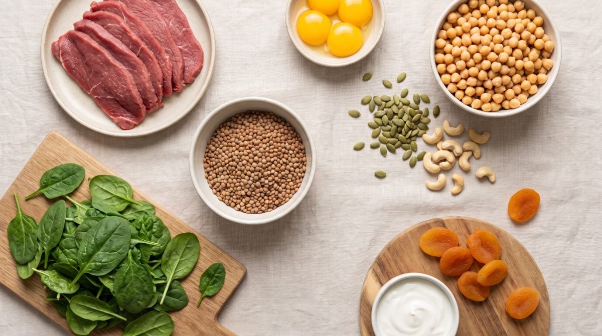 Saç sağlığı için demir, çinko ve protein açısından zengin besinler: kırmızı et, ıspanak, mercimek, yumurta, kabak çekirdeği ve kaju