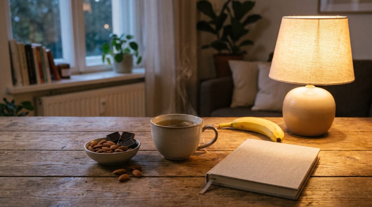 Akşam masasında buharı tüten bitki çayı, badem, bitter çikolata, muz ve kapalı defter