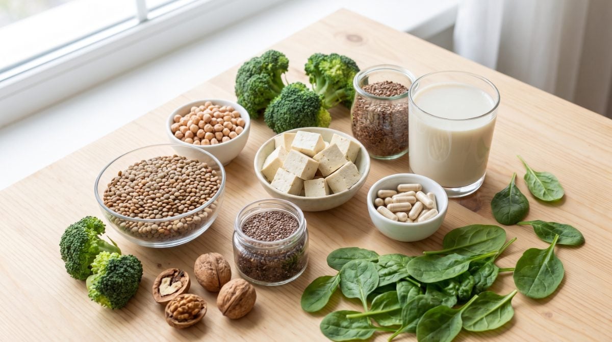 Bitkisel besinler: mercimek, nohut, tofu, ceviz, chia ve keten tohumu, brokoli, ıspanak ve bitkisel süt