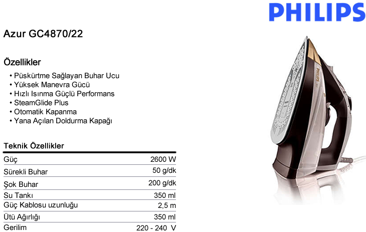 Philips GC4870 22 Azur 2600W Buharlı Ütü | Süpürge Sepeti