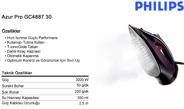 Philips GC4887 30 Azur Pro 3000W Buharlı Ütü | Süpürge Sepeti