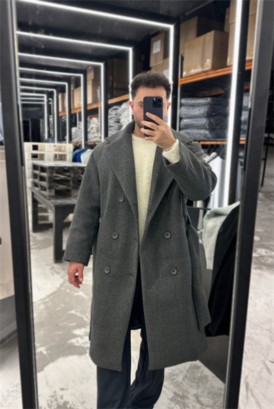Antrasit Oversize Yan Kuşaklı Kaşe Kaban