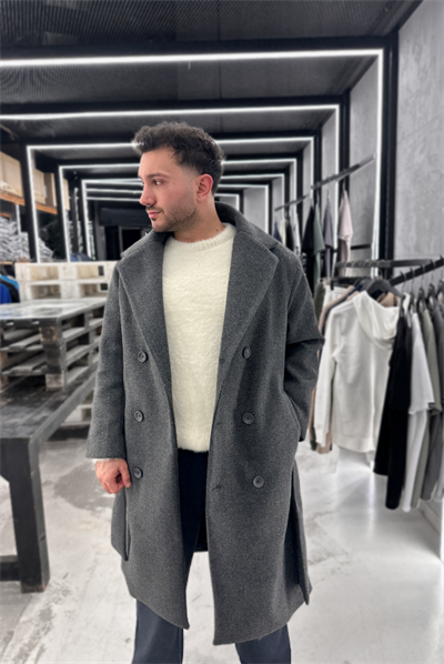 Antrasit Oversize Yan Kuşaklı Kaşe Kaban