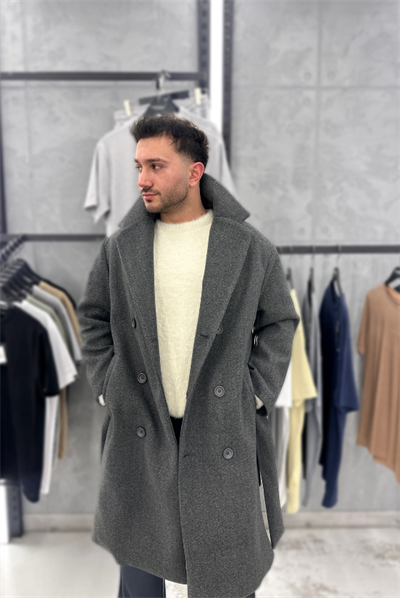 Antrasit Oversize Yan Kuşaklı Kaşe Kaban