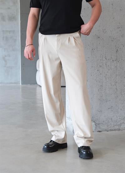 Bej Pileli Baggy Kumaş Pantolon