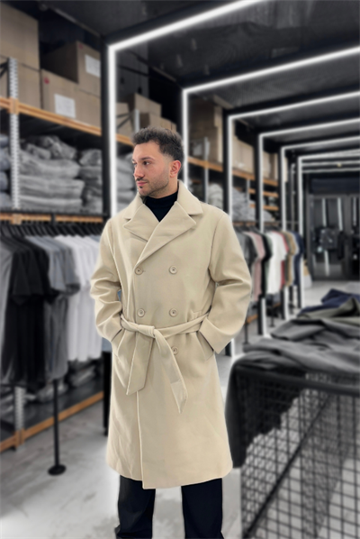 Bej Oversize Yan Kuşaklı Kaşe Kaban