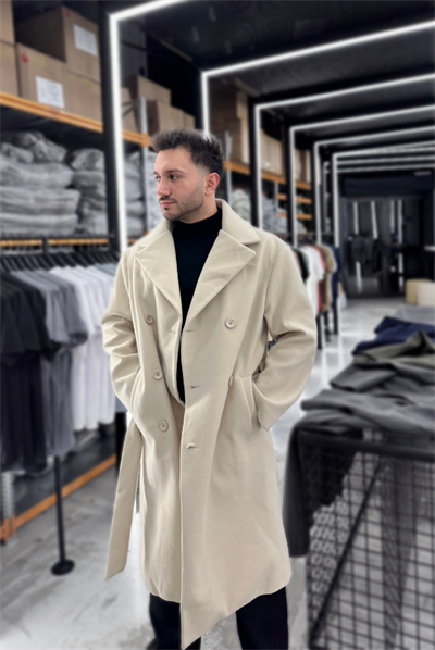 Bej Oversize Yan Kuşaklı Kaşe Kaban