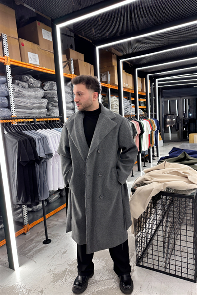 Füme Oversize Yan Kuşaklı Kaşe Kaban