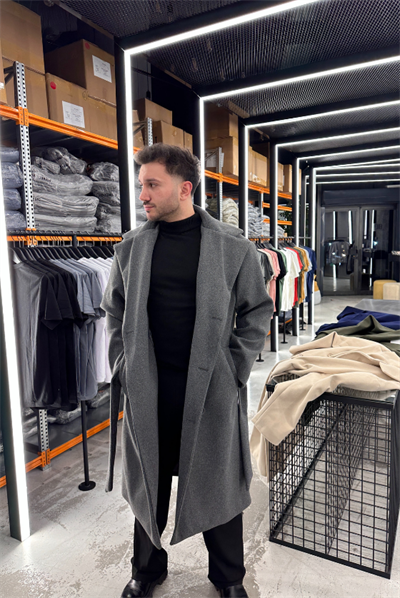 Füme Oversize Yan Kuşaklı Kaşe Kaban