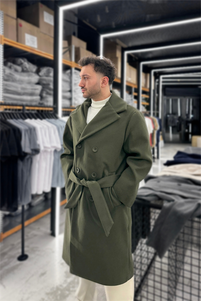 Haki Oversize Yan Kuşaklı Kaşe Kaban