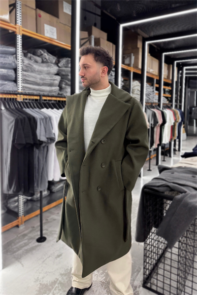 Haki Oversize Yan Kuşaklı Kaşe Kaban