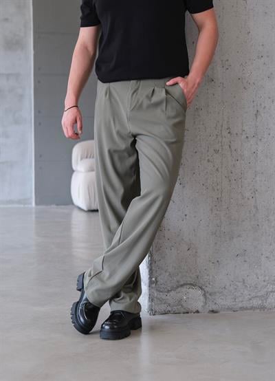Haki Pileli Baggy Kumaş Pantolon
