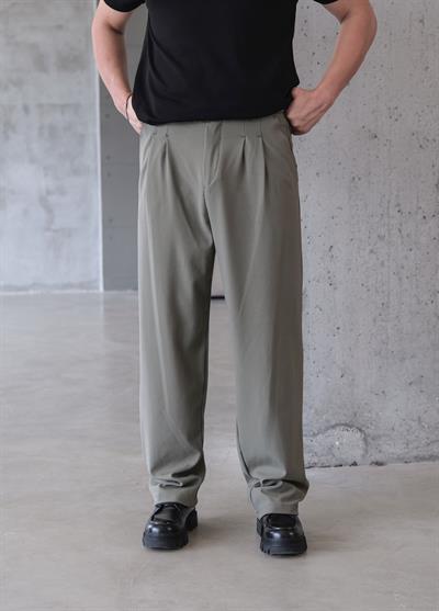 Haki Pileli Baggy Kumaş Pantolon