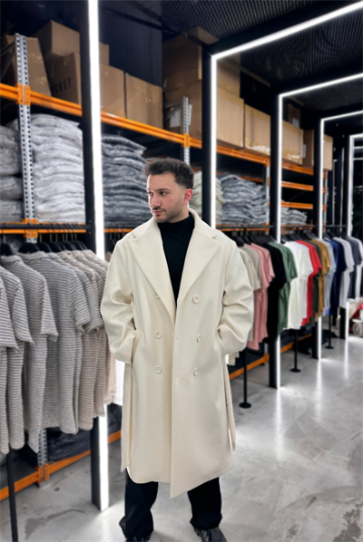 Krem Oversize Yan Kuşaklı Kaşe Kaban