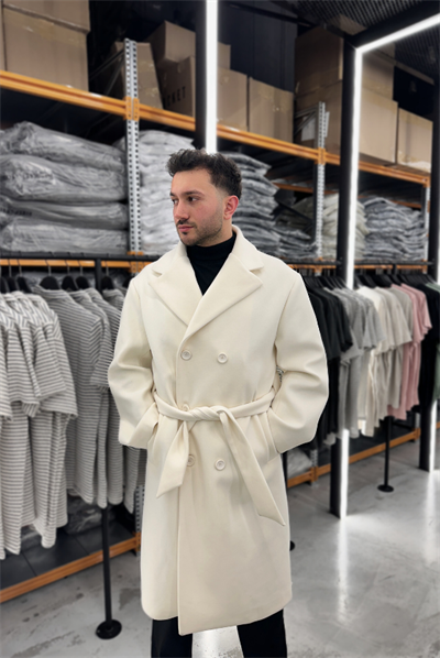 Krem Oversize Yan Kuşaklı Kaşe Kaban