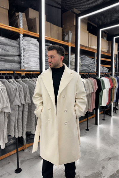 Krem Oversize Yan Kuşaklı Kaşe Kaban