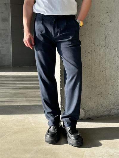 Lacivert Çizgili Zara Kumaş Baggy Pantalon