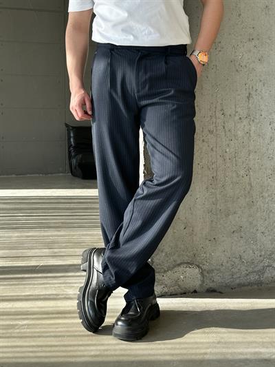 Lacivert Çizgili Zara Kumaş Baggy Pantalon