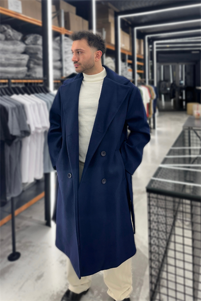 Lacivert Oversize Yan Kuşaklı Kaşe Kaban