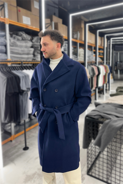 Lacivert Oversize Yan Kuşaklı Kaşe Kaban