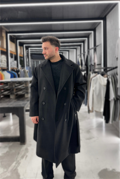 Siyah Oversize Yan Kuşaklı Kaşe Kaban
