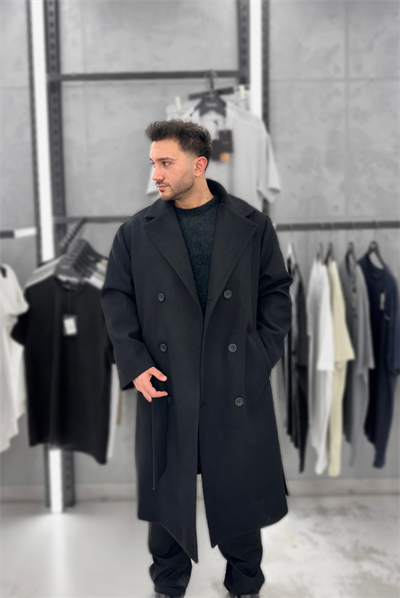 Siyah Oversize Yan Kuşaklı Kaşe Kaban