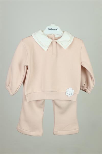 Nakışlı Önlük Yaka Kız Bebek Takım - 6-24 AY - Pembe