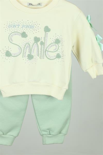 Smile Nakışlı Kurdeleli Kız Bebek Takım - 9-24 AY - Yeşil