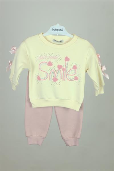 Smile Nakışlı Kurdeleli Kız Bebek Takım - 9-24 AY - Pembe