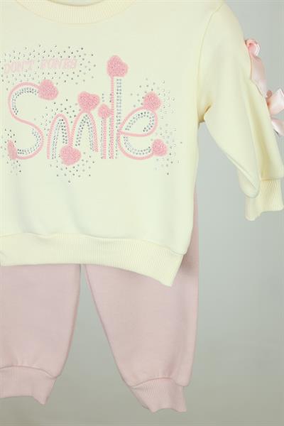 Smile Nakışlı Kurdeleli Kız Bebek Takım - 9-24 AY - Pembe