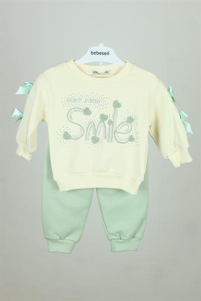 Smile Nakışlı Kurdeleli Kız Bebek Takım - 9-24 AY - Yeşil