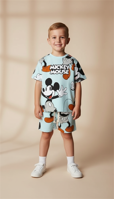 Açık Mavi Mickey Figür Baskılı Şortlu Takım