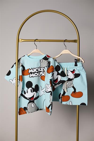 Açık Mavi Mickey Figür Baskılı Şortlu Takım