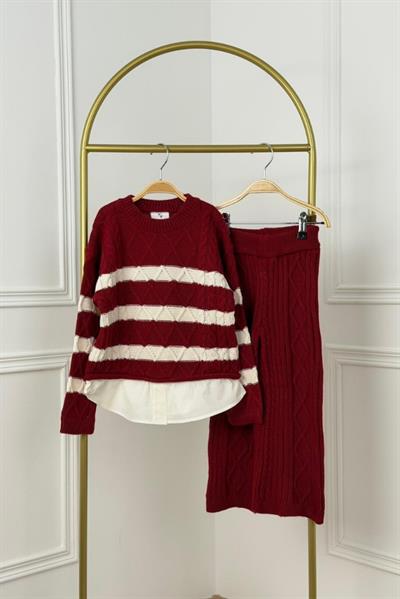 Bordo Çizigili Triko Takım