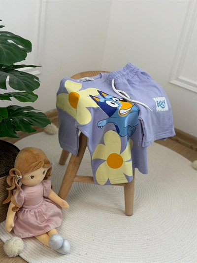 Çiçek Detaylı Bluey Şortlu Takım