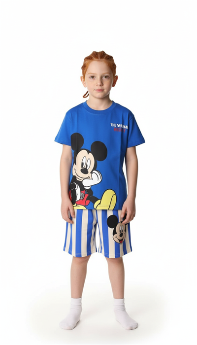 Çizgili Mickey Figürlü Şortlu Takım