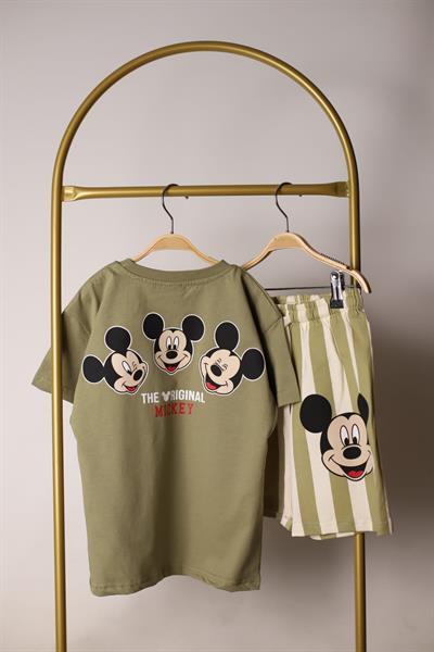 Çizgili Mickey Figürlü Şortlu Takım