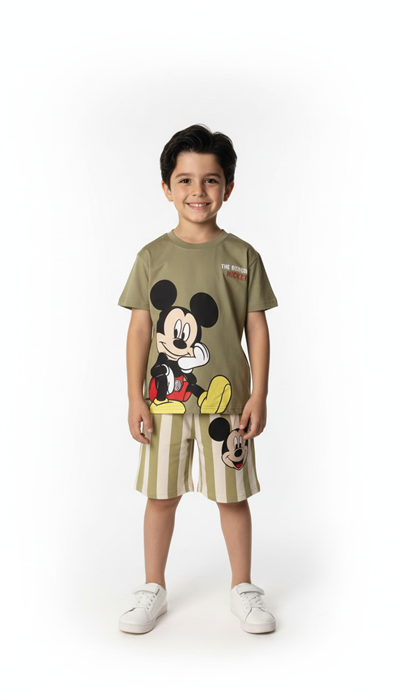 Çizgili Mickey Figürlü Şortlu Takım