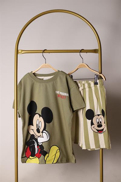 Çizgili Mickey Figürlü Şortlu Takım