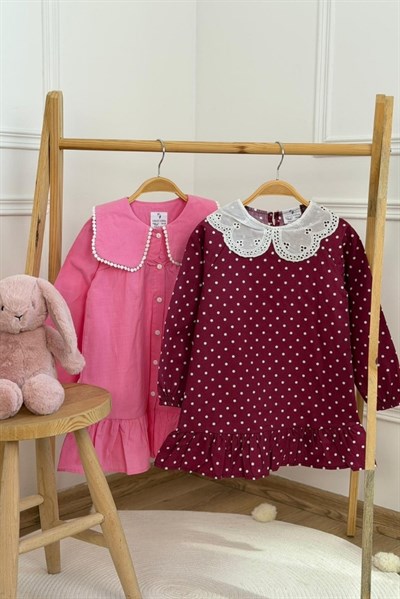 Düğmeli Dantel Yaka Elbise