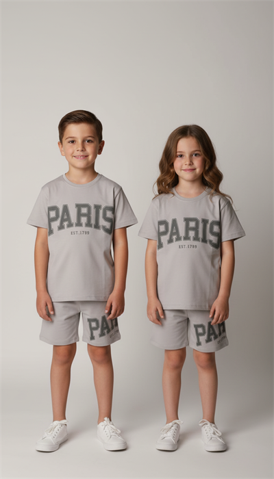 Gri Paris Baskılı Şortlu Takım