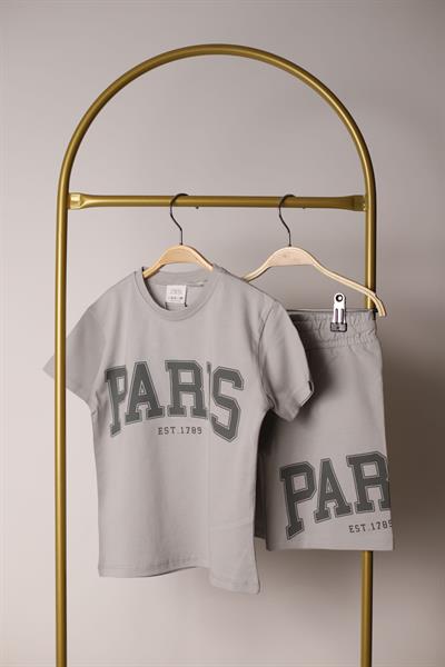Gri Paris Baskılı Şortlu Takım